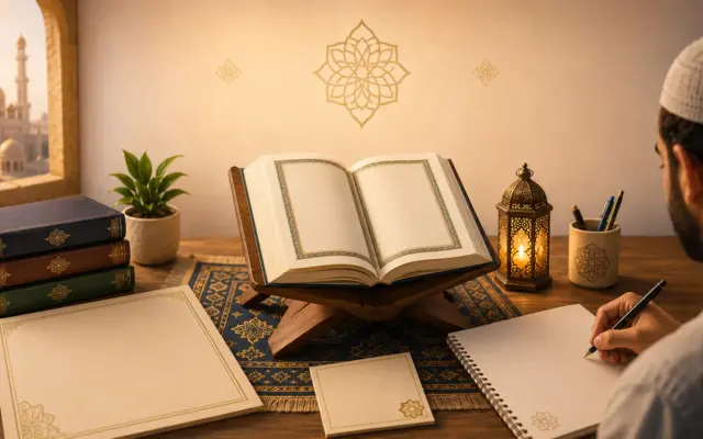 Muslimischer Schüler lernt Arabisch mit geöffnetem Koran