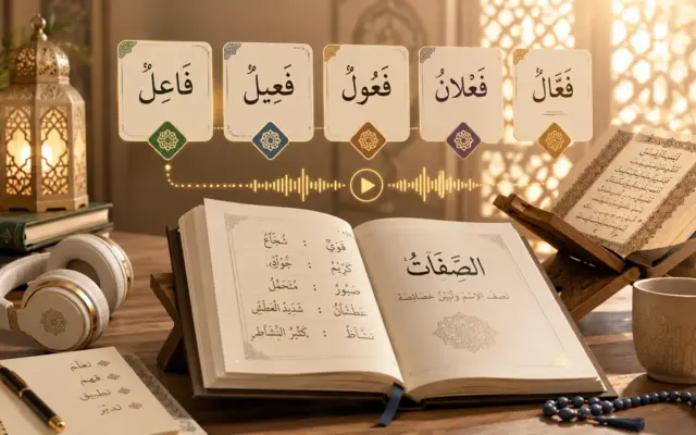Livre d’arabe ouvert avec exemples d’adjectifs coraniques