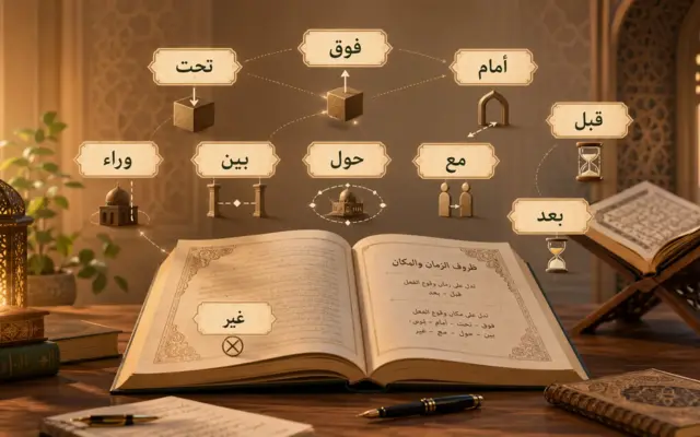 Livre d’arabe ouvert avec adverbes coraniques illustrés