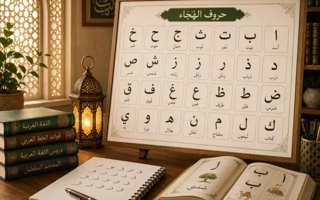Übersicht der 28 arabischen Buchstaben mit geöffnetem Buch