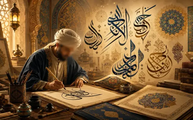 Calligraphe arabe écrivant des motifs de calligraphie traditionnelle