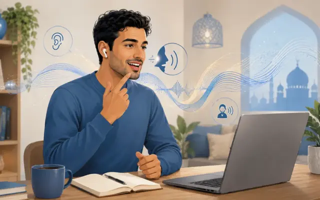 Lernender beim Üben der arabischen Aussprache in einem Onlinekurs