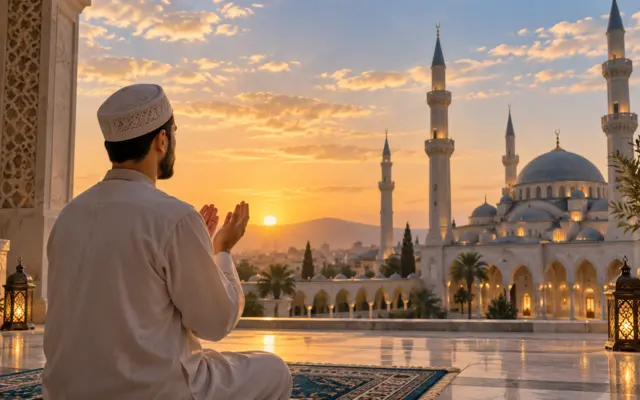 Homme faisant une invocation devant une mosquée au coucher du soleil