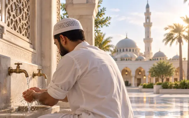 Homme effectuant ses ablutions dans une mosquée