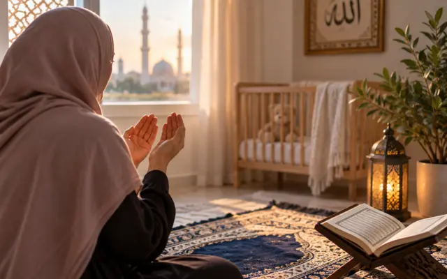 Muslimsk kvinne som påkaller Allah ved siden av en vugge
