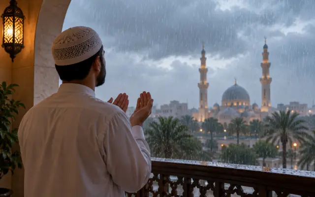 Homme invoquant Allah sous la pluie face à une mosquée