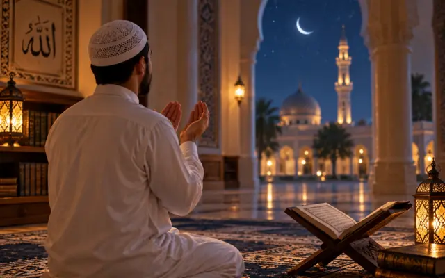 Hombre invocando a Allah durante una noche de Ramadán