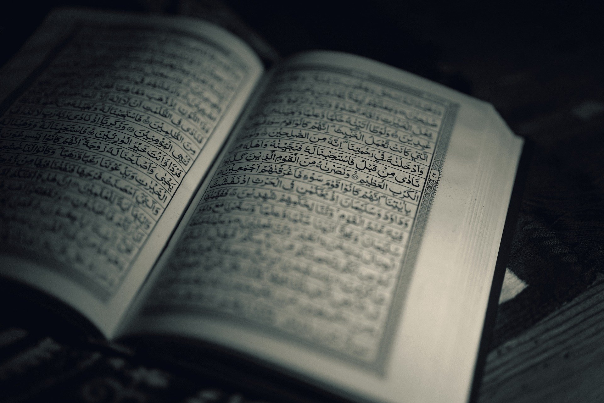 Open Quran in dark meditative light