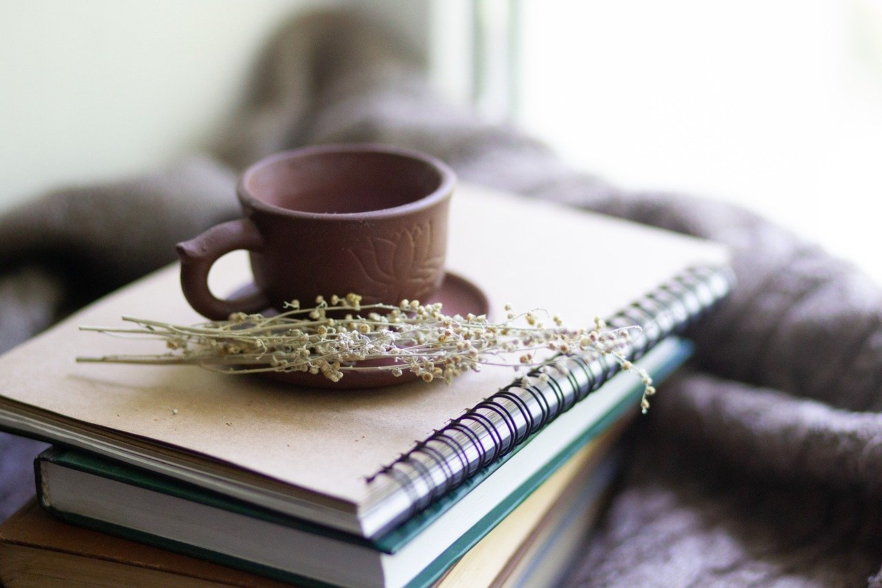 Notebook, cup and medicinal plants on a table