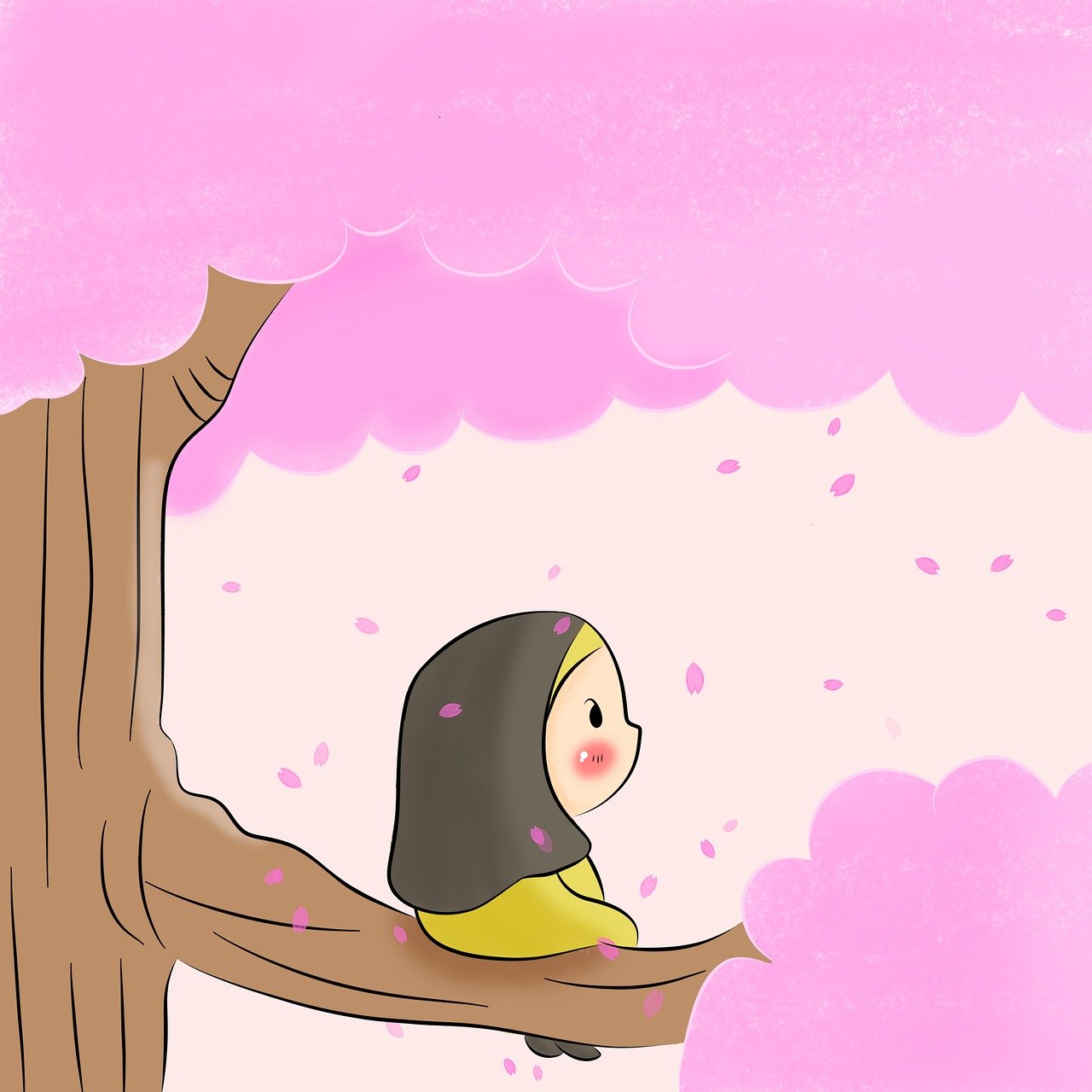 Child sitting on a branch under a pink tree