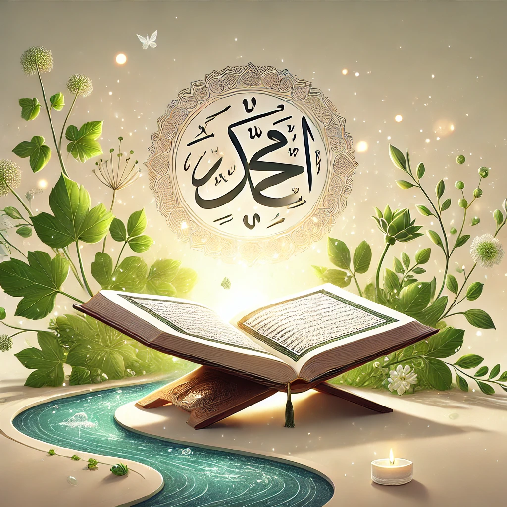 Open Quran with Islamic calligraphy and green decor
