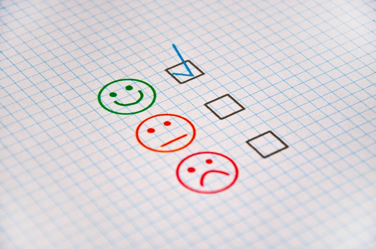 Exam sheet with checkboxes and evaluation faces