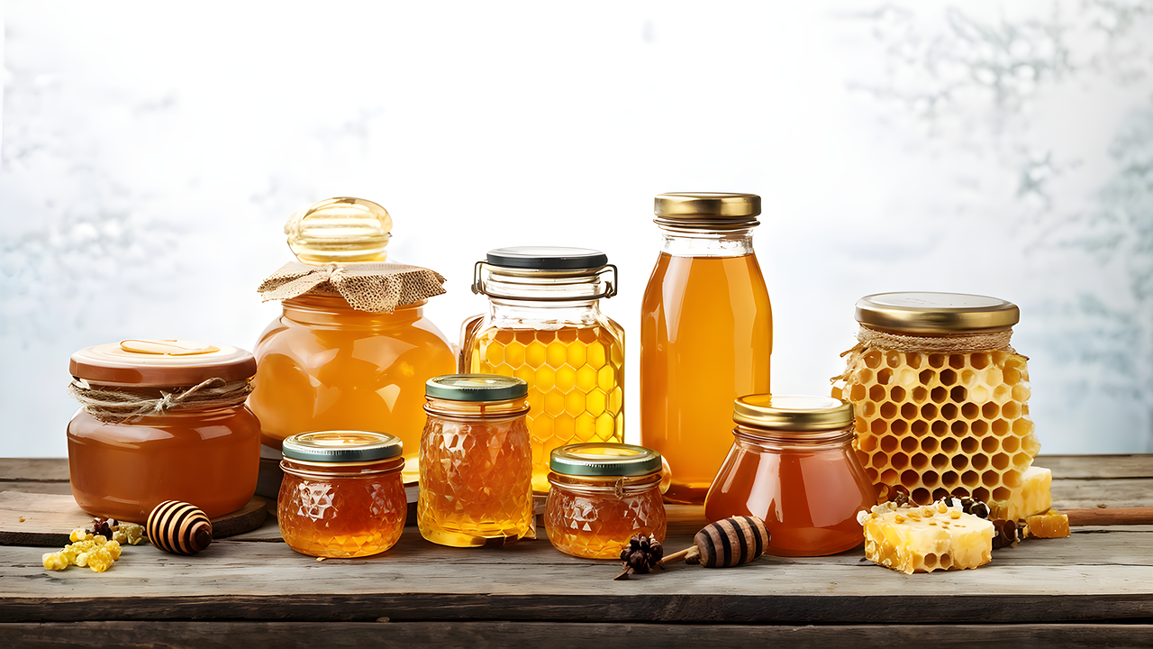 Jars of natural golden honey on a table