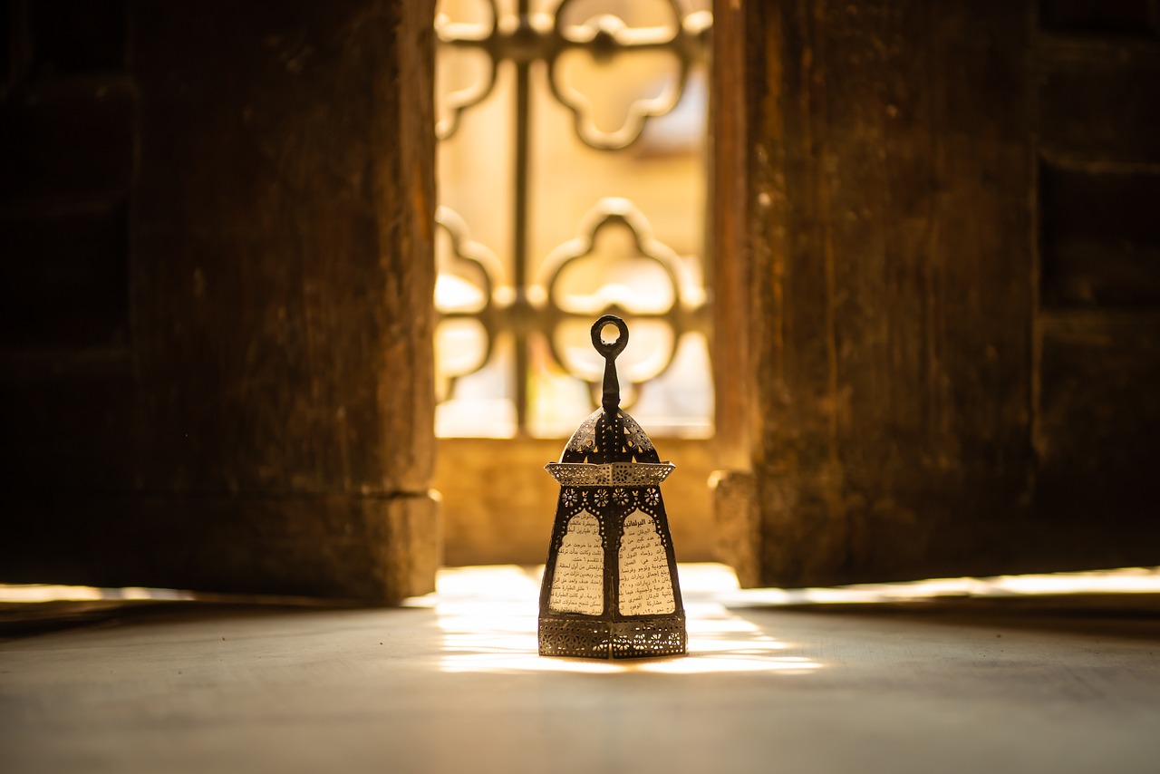 Lit lantern inside a mosque during Ramadan