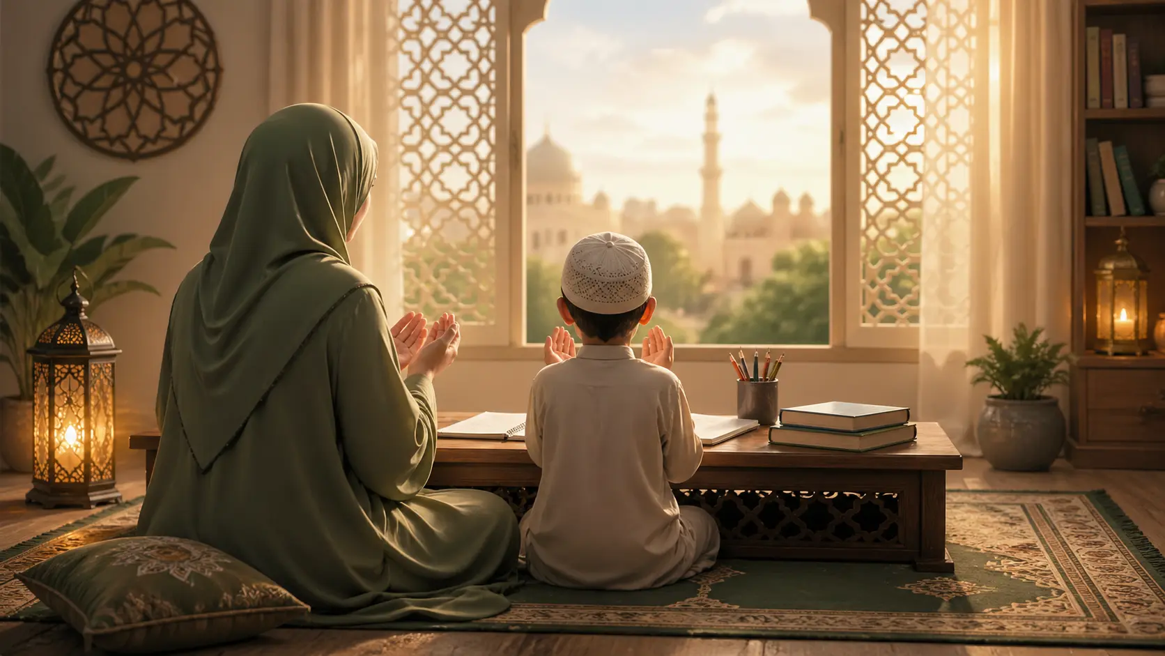 Muslim parent and child making dua together before studying for an exam in a peaceful family atmosphere