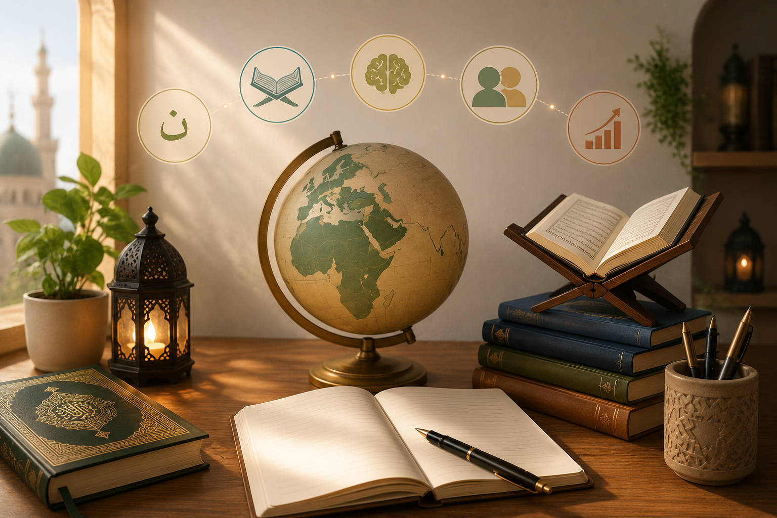 Adult learner studying Quranic Arabic with a textbook and notebook, illustrating a realistic timeline for learning the Arabic language