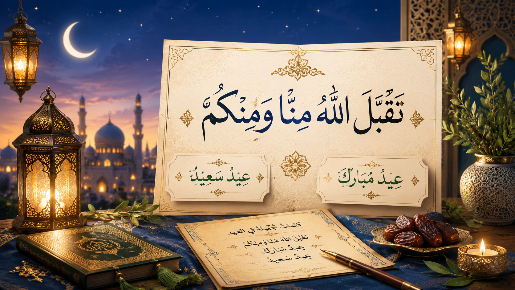 Elegant Arabic calligraphy displaying the Eid greeting "Taqabbal Allahu minna wa minkum — Eid Mubarak" on a golden Islamic geometric background