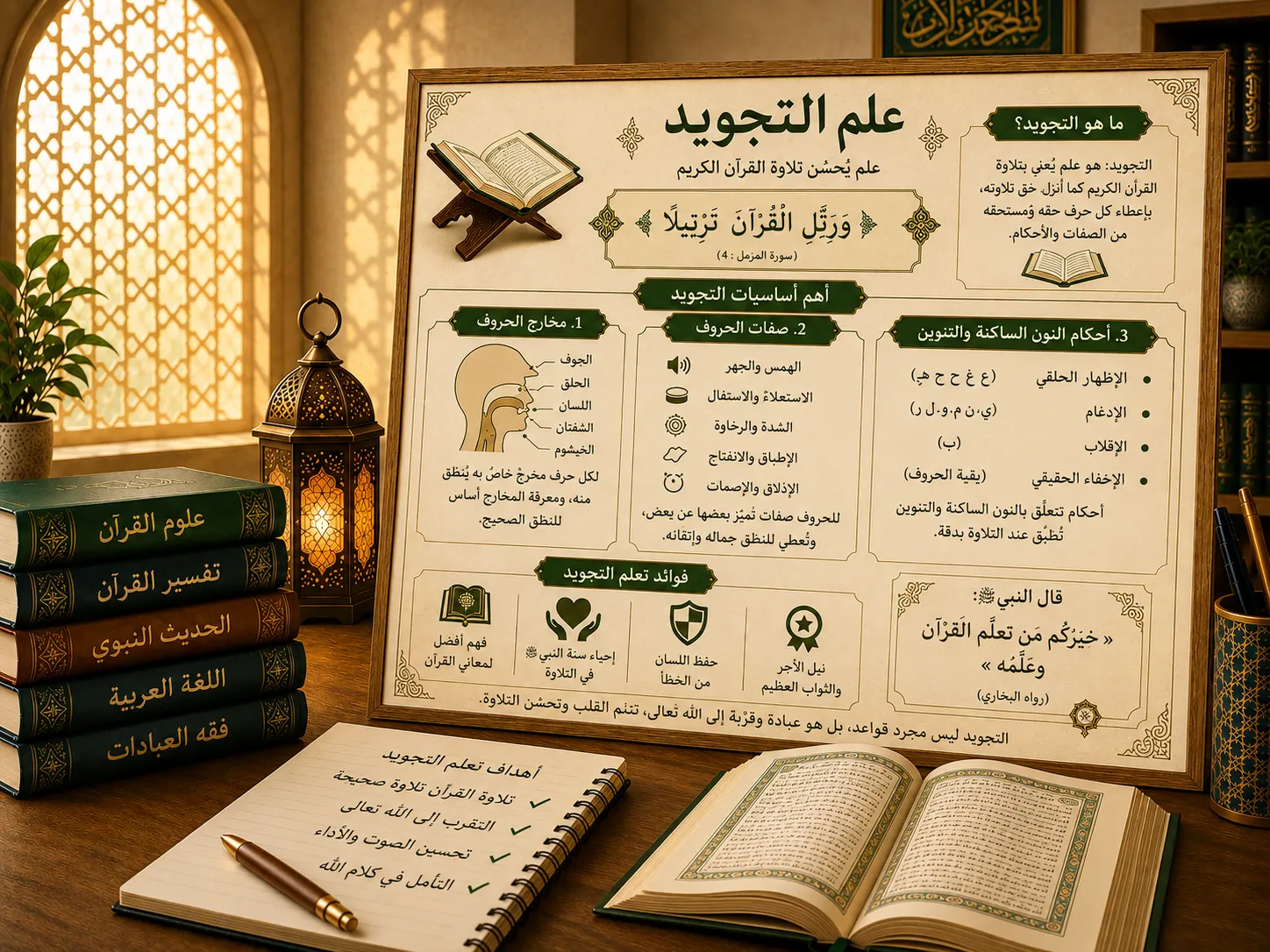 Affiche pédagogique sur le tajwid et l’alphabet arabe