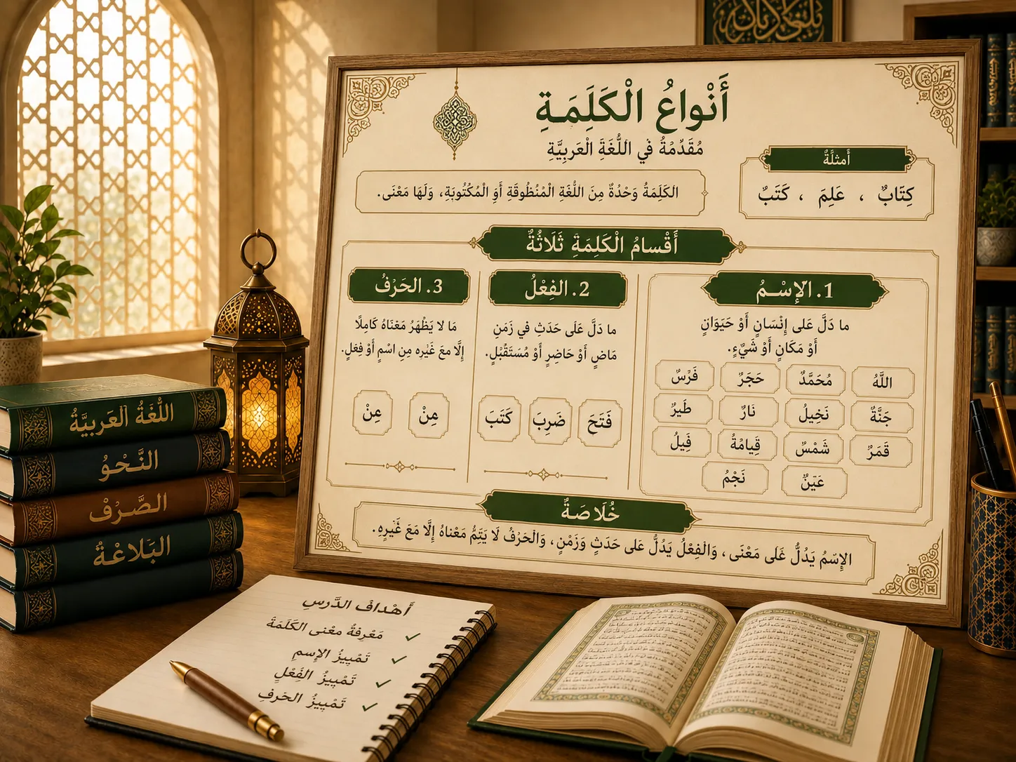 Tableau pédagogique sur les types de mots en arabe