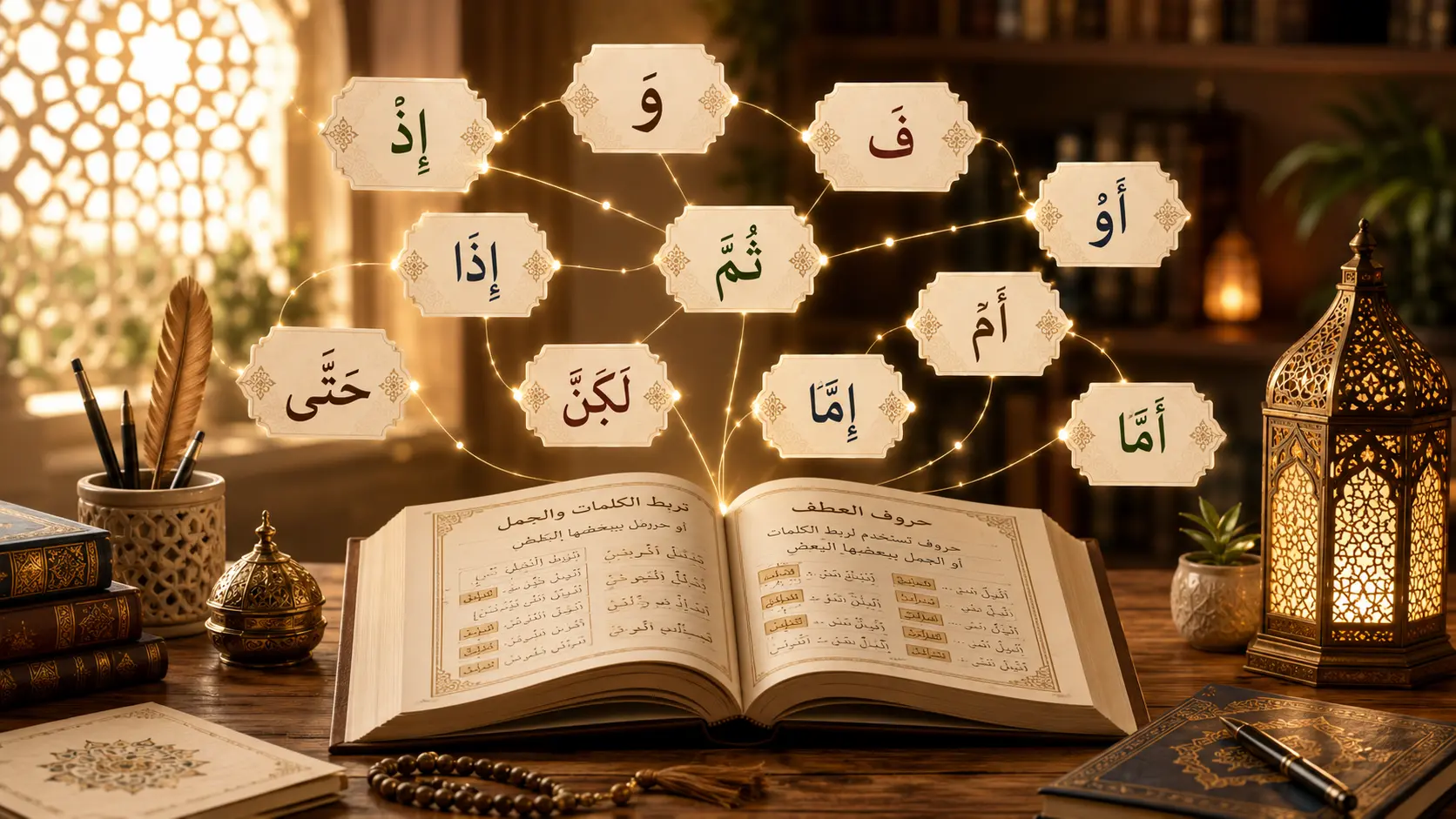 Open Arabic book with Quranic conjunction particles