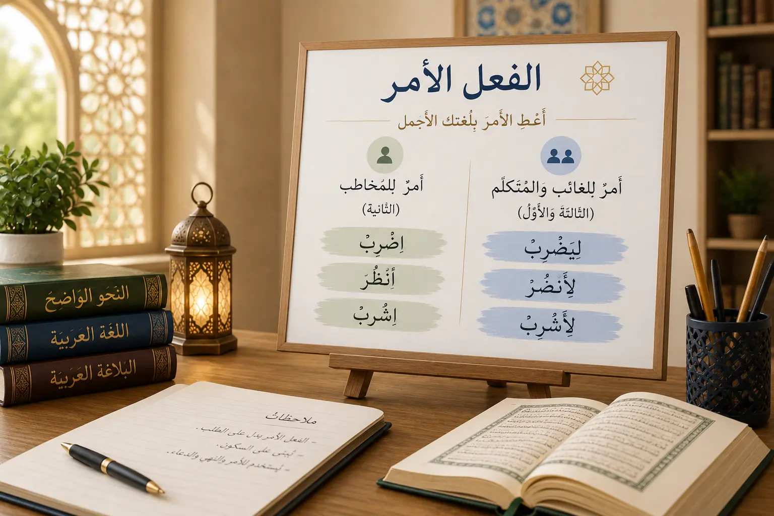 Arabic board showing Quranic imperative verbs