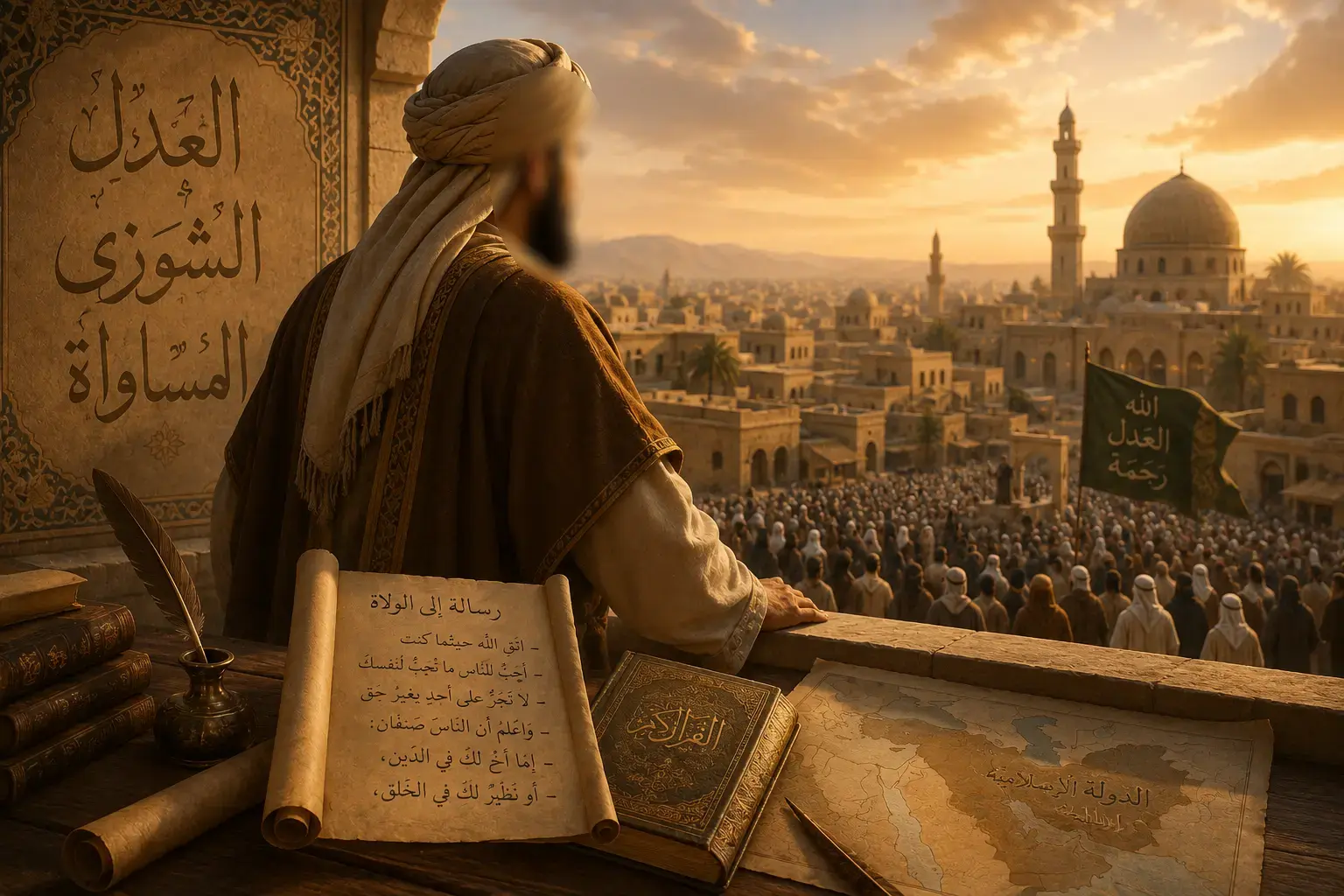 Umar ibn Al-Khattab overlooking a Muslim city