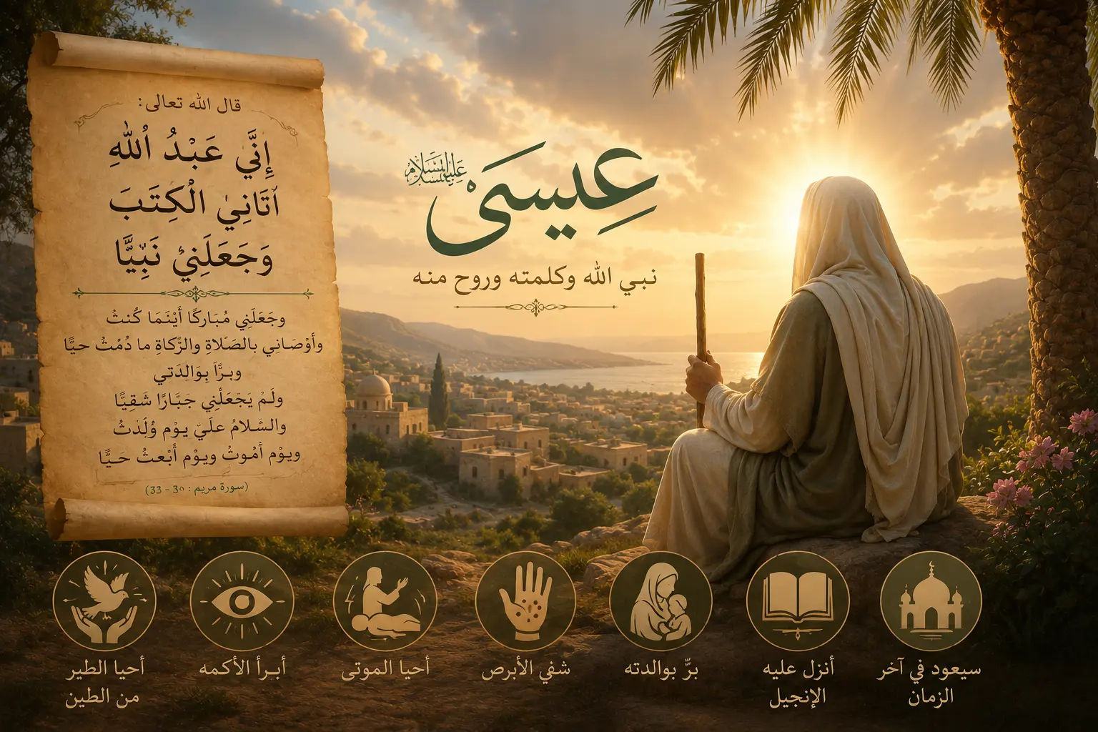 Illustration of Prophet Isa in a radiant landscape