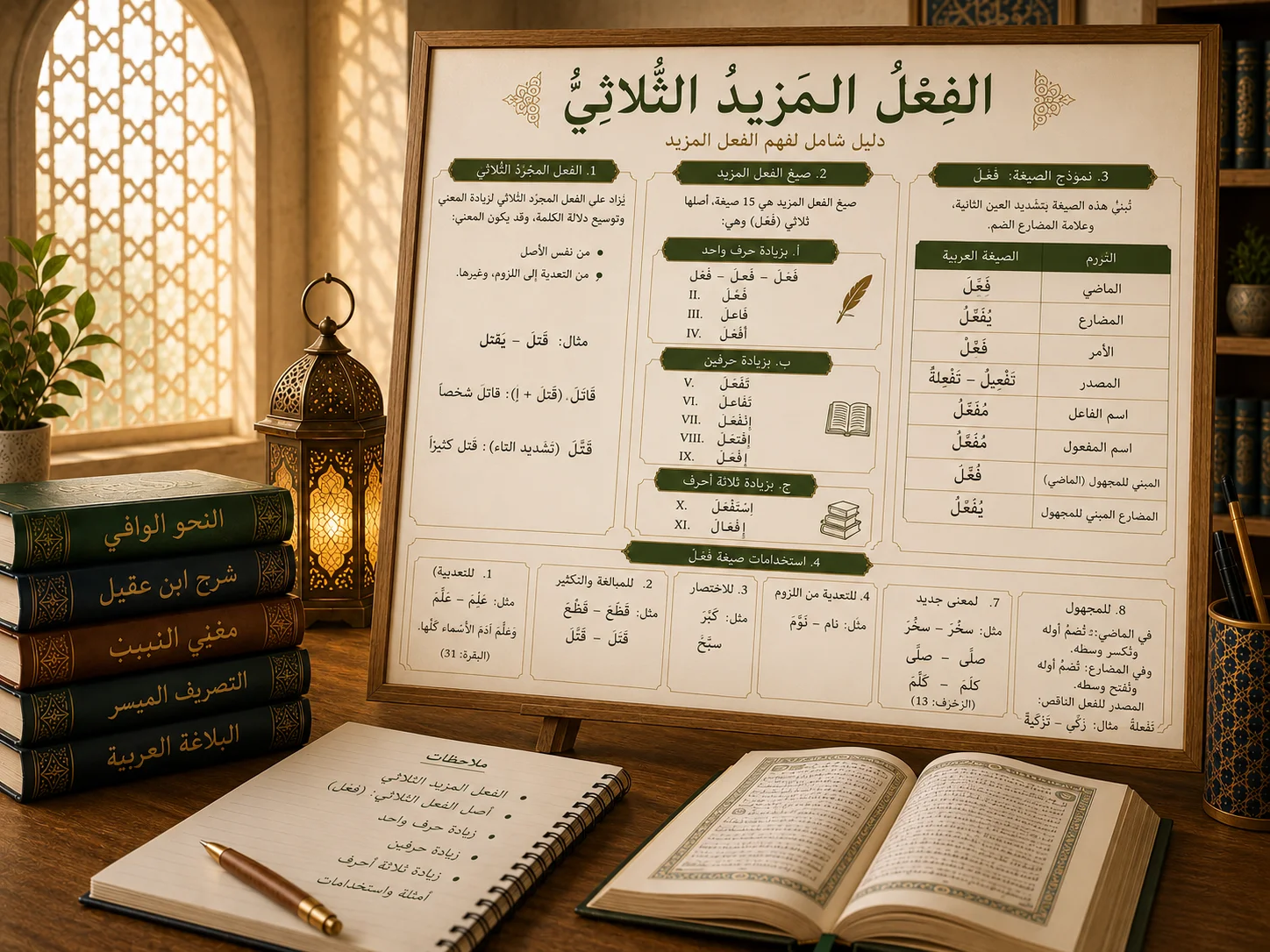 Educational poster about the Arabic derived triliteral verb