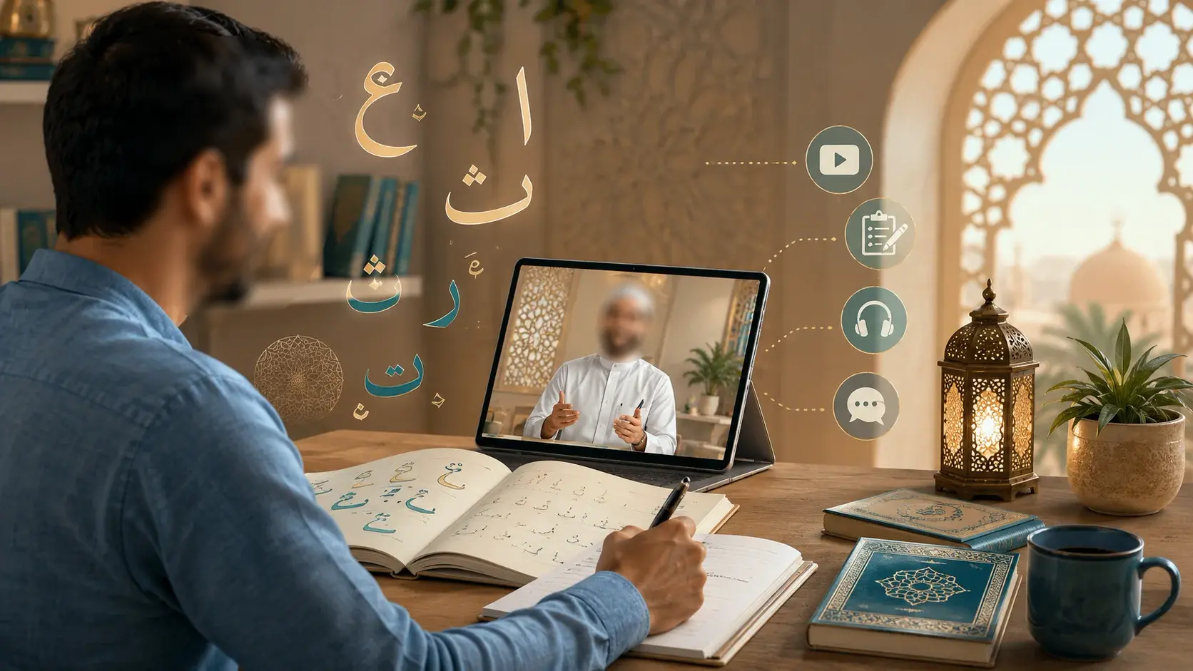 Étudiant suivant un cours d’arabe en ligne sur ordinateur