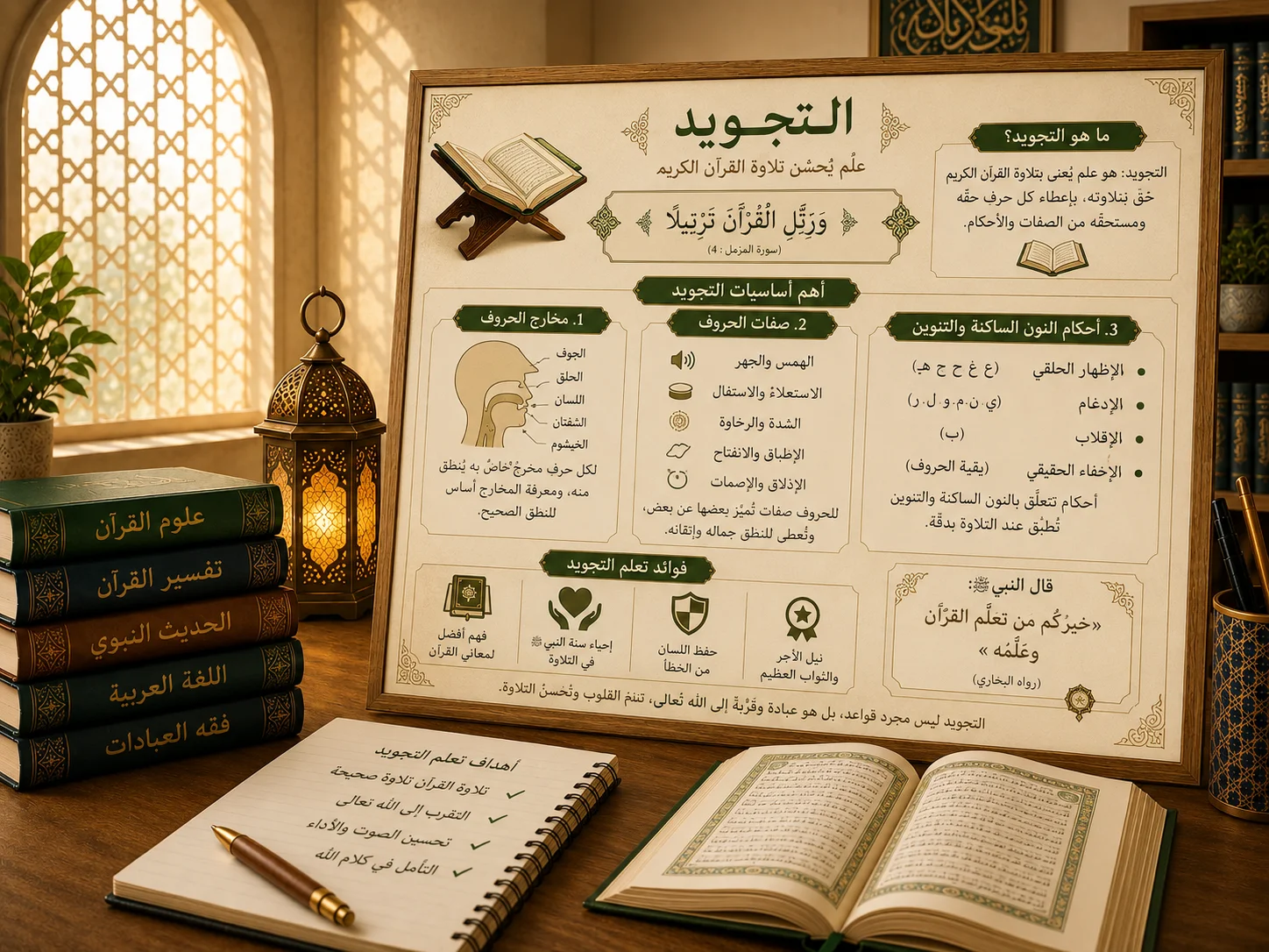 Tajwid board with Quran and open books